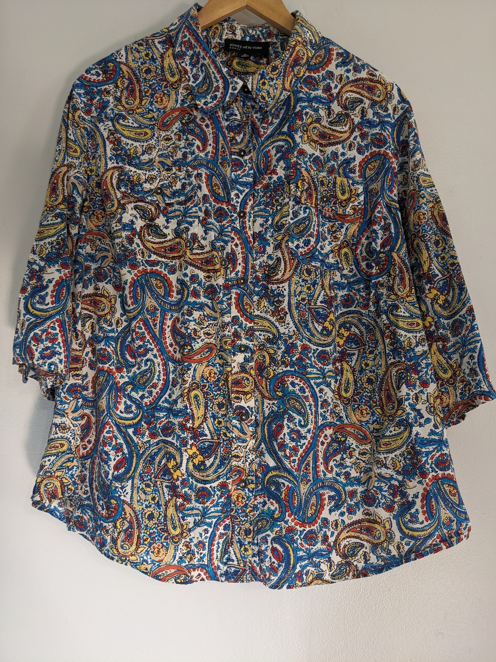Jones New York Shirt Women's 3X Button Down Cotton 3/4 Sleeve Paisley Lightweigh